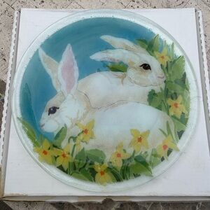 Peggy Karr 14” Fused Art Glass Platter / Plate Bunny Rabbits Retired Signed.